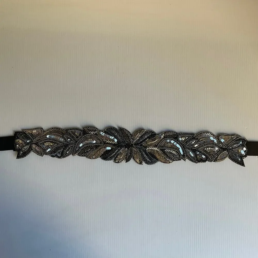 Silver Beaded Embroidered Boho Festival Floral Belt  Elastic Waistband NWT